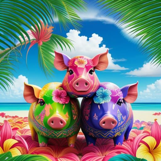 Polynesian Pigs Kaleidoscope in Gauguin Style