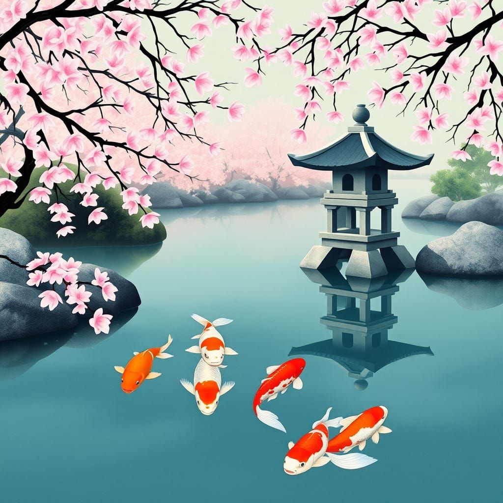 A serene koi pond nestled in a tranquil Japanese garden, with colorful koi fish gracefully gliding through the crystal-c...