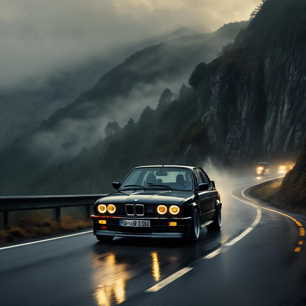 Black BMW E30 M3 on Misty Mountain Road
