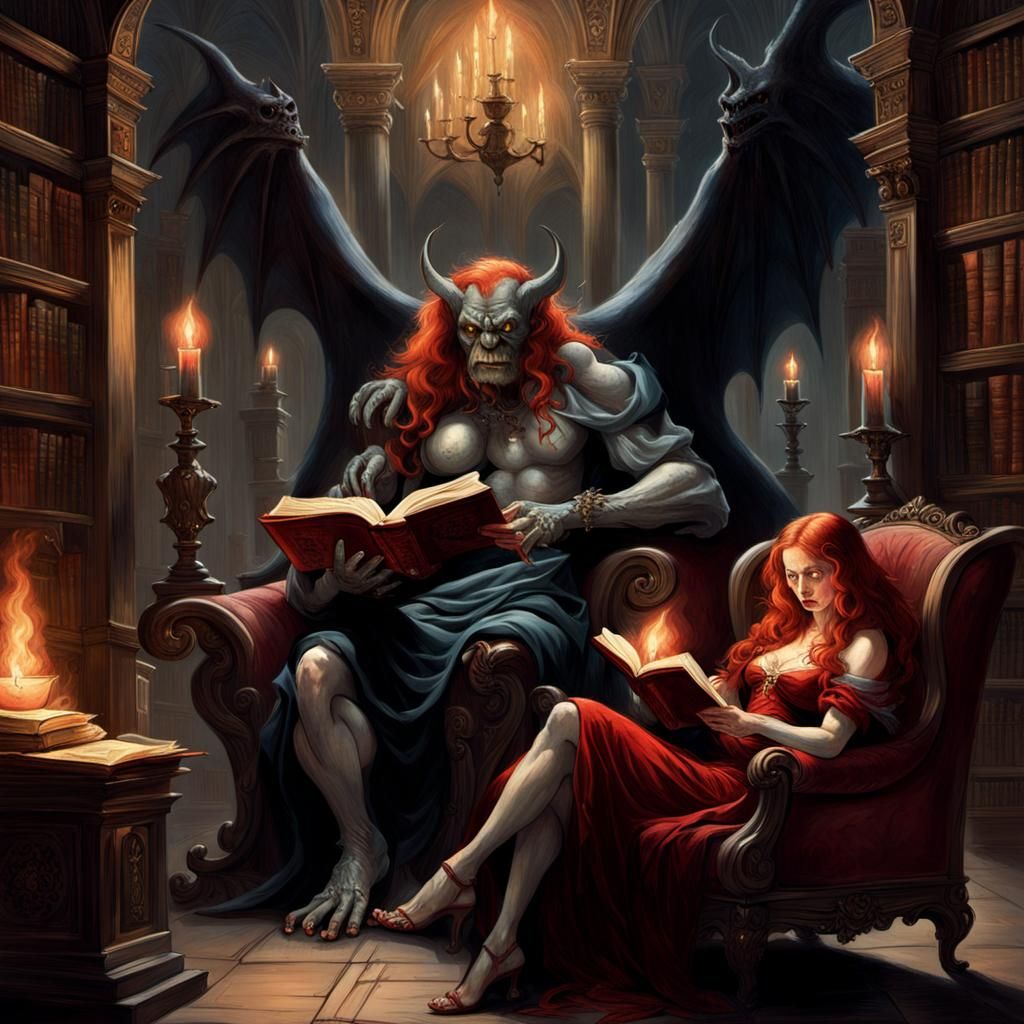Gothic Horror: Woman Reading with Gargoyle