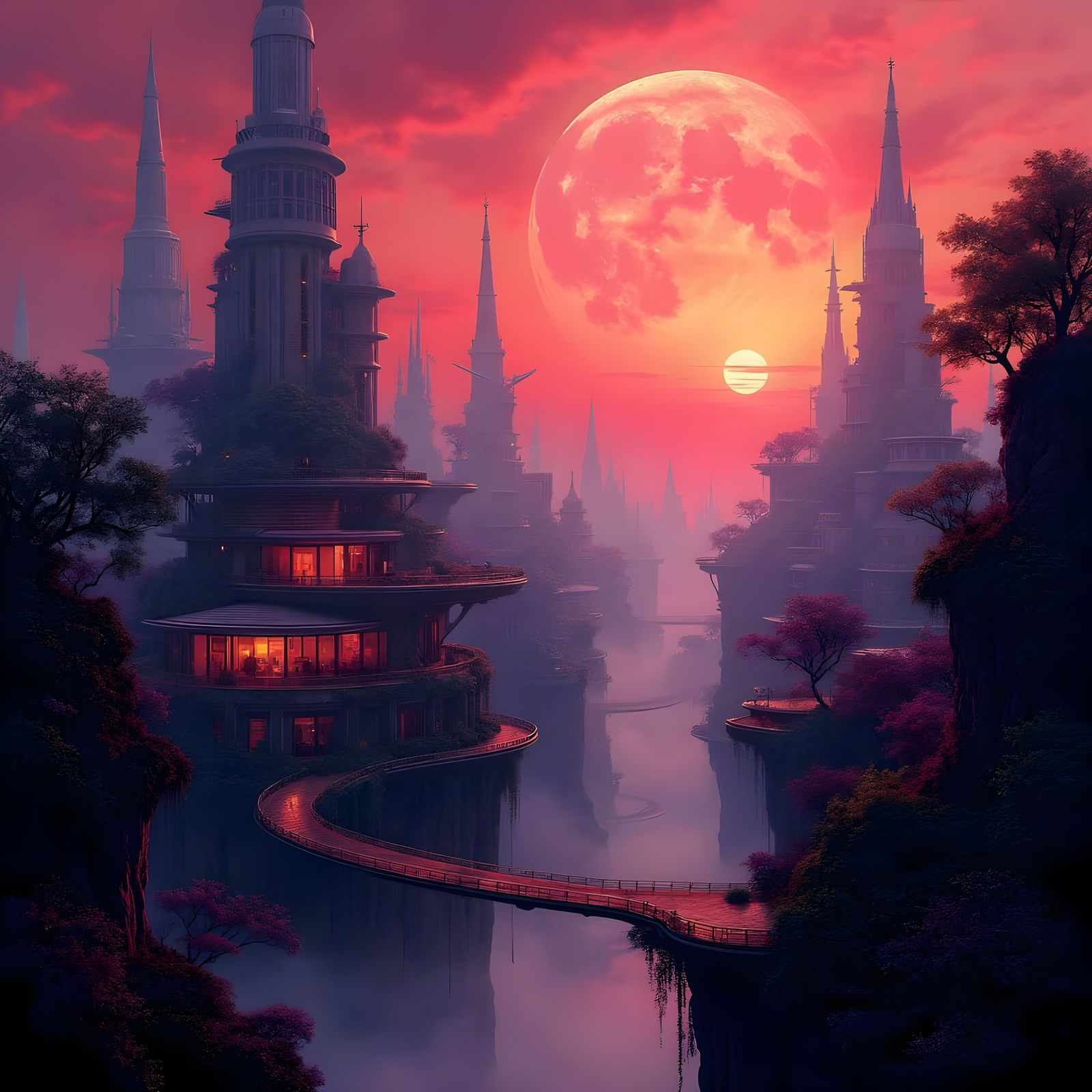 Ethereal Moon Cityscape in Solar Punk Style