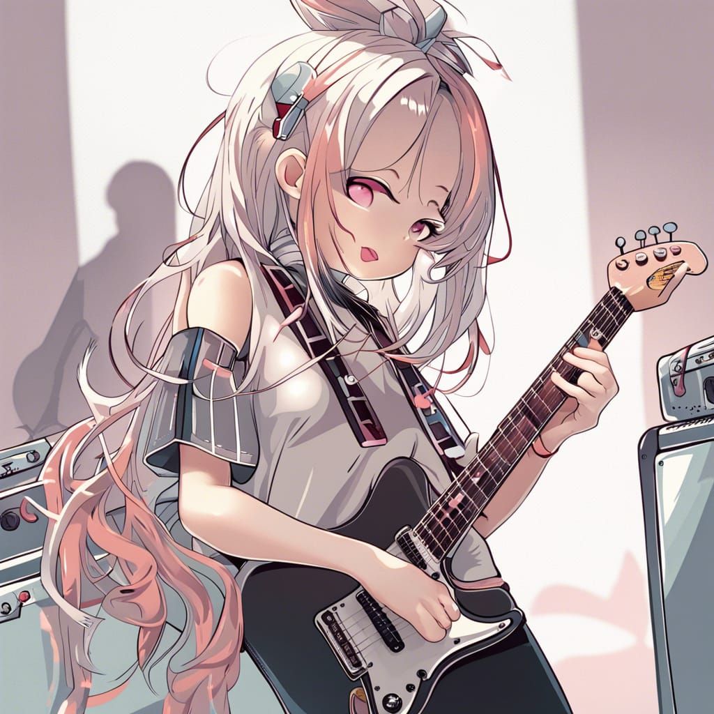 Cute Girl Playing Electric Guitar with Band