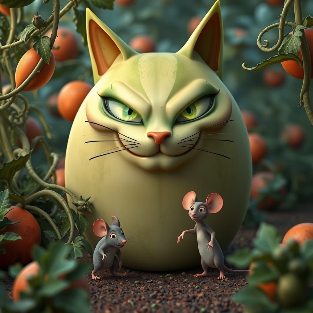 Whimsical Feline Melon in a Vibrant Melon Plantation