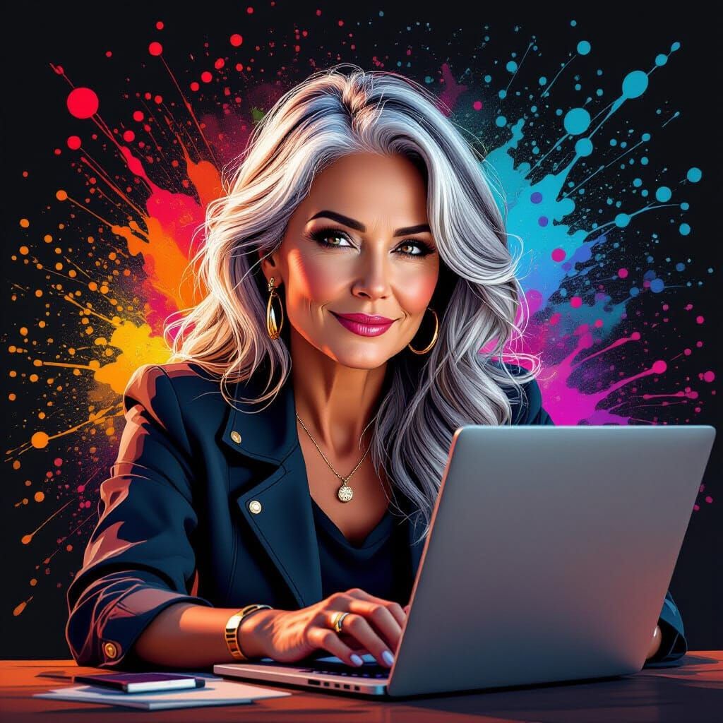Confident Woman Working on Laptop in Abstract Art Style