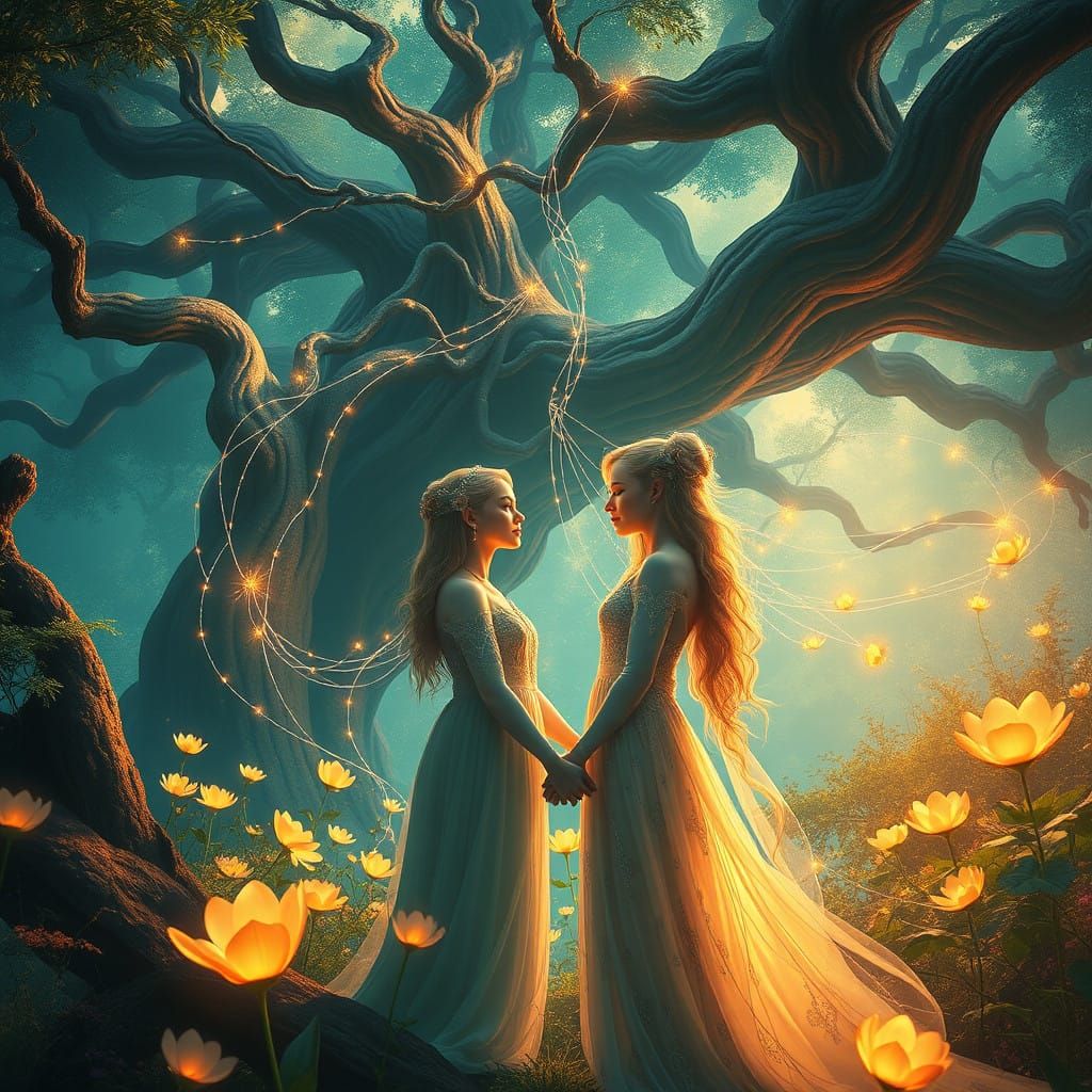 Ethereal Lovers Amidst Vibrant Forest