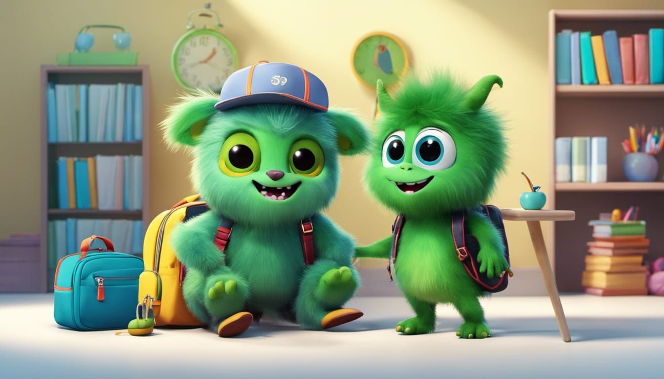 Cute Fluffy Green Monster's First Day: 3D Digital Art