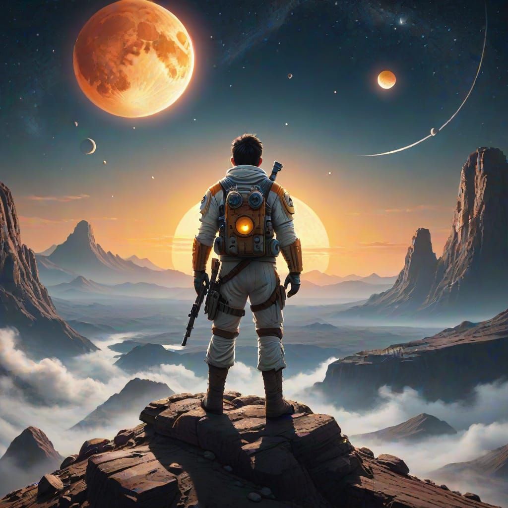 Brave Explorer on Distant Moon with Twin Suns