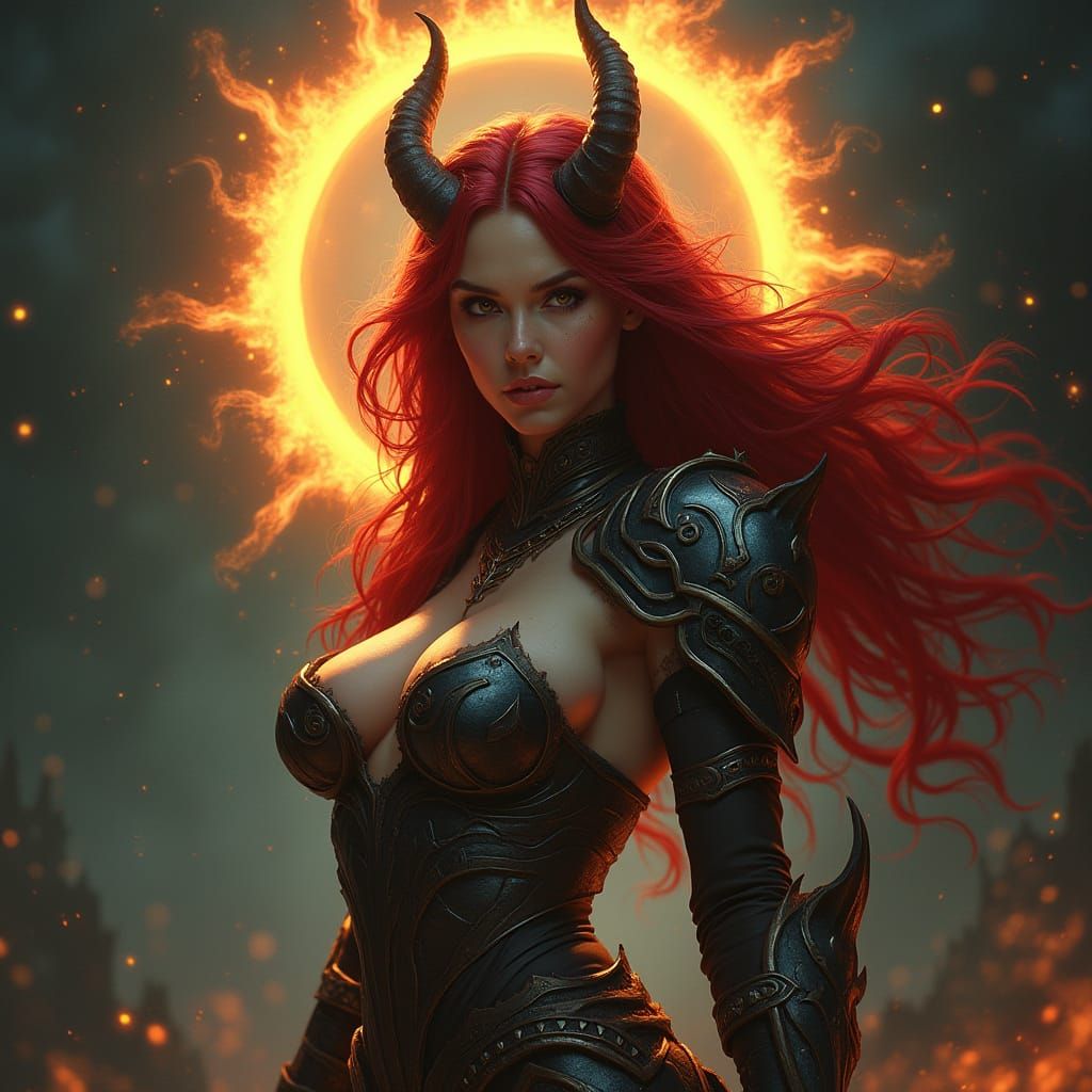 Demon Woman with Fiery Halo in Dark Realm