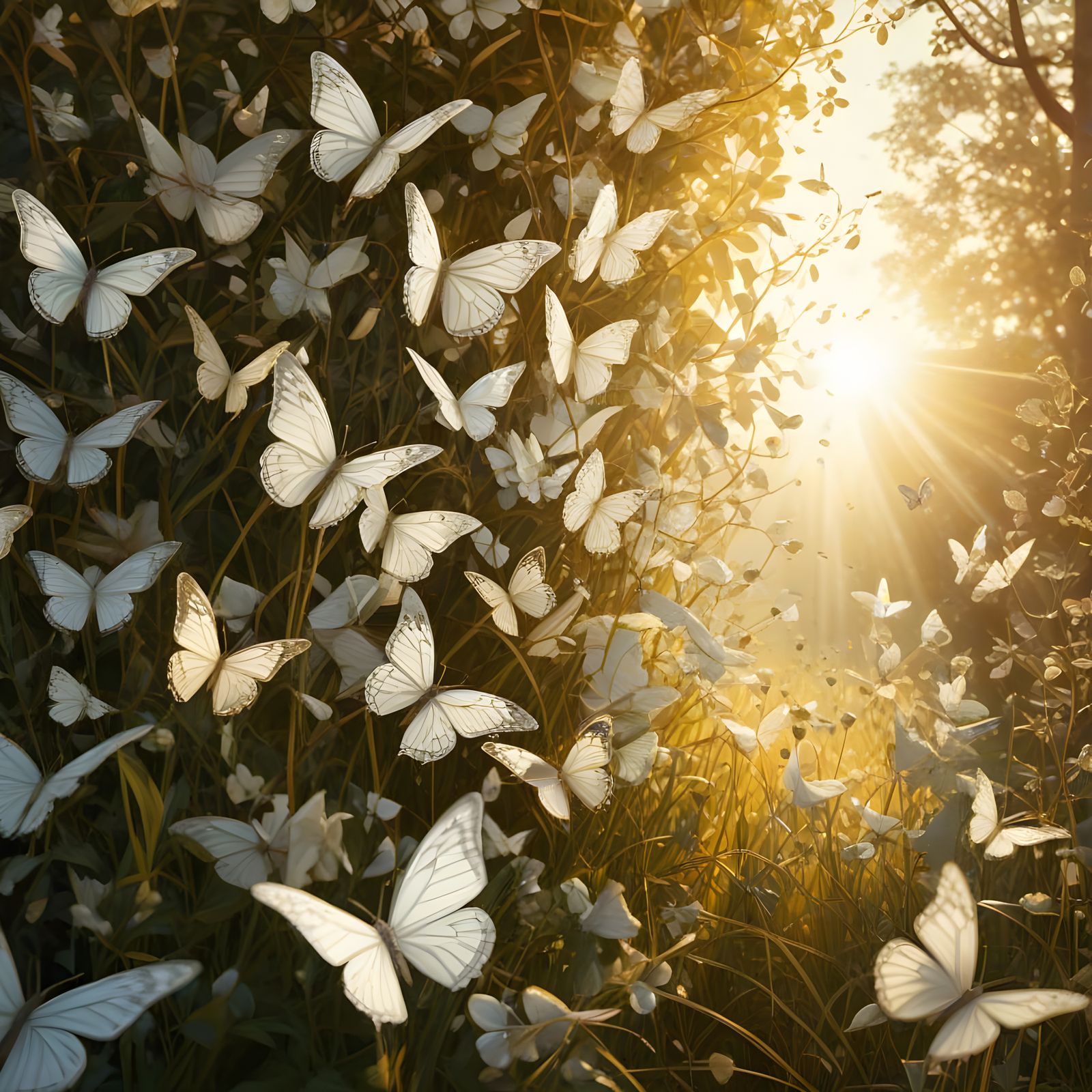 White Butterflies in Sunlit Meadow, Art Nouveau Style
