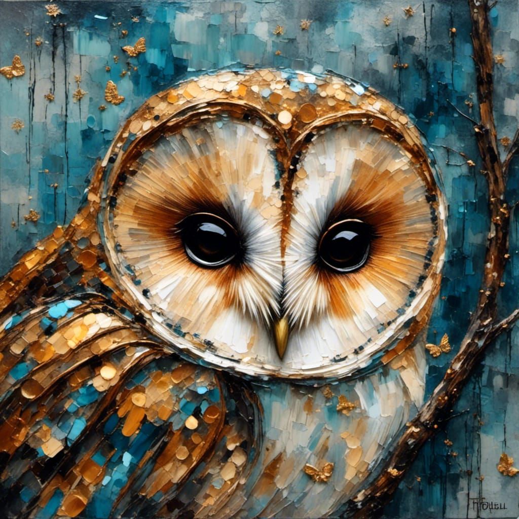 Barn Owl Over Pond as Impasto Oil Painting