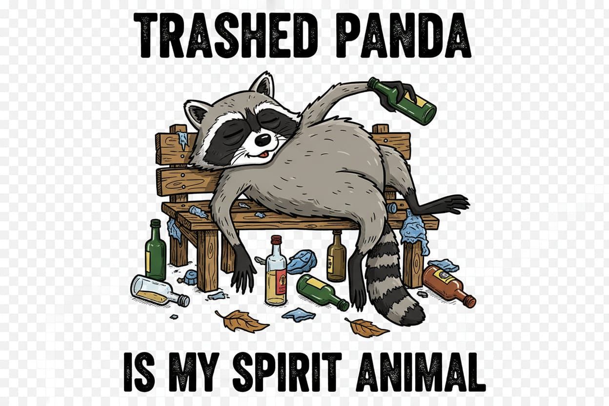 Humorous Cartoon Raccoon Passed Out on Trash Bench