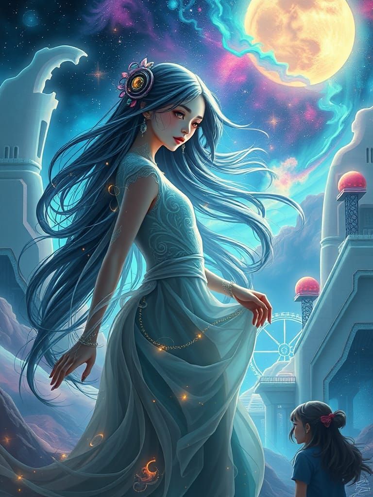 Ethereal Asian Girl in Cosmic Cyberpunk Dreamscape