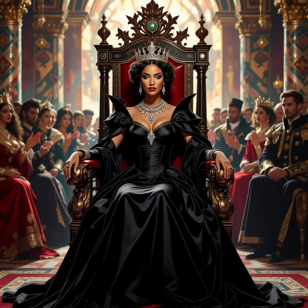 Regal Black Queen on Throne in Classical Painting Style