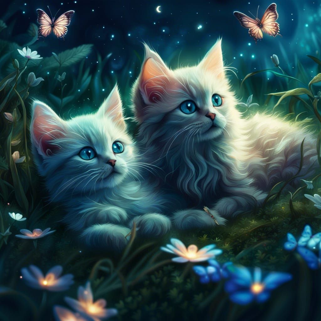 Kittens with Fairies in Moonlight: Fantasy Concept Art