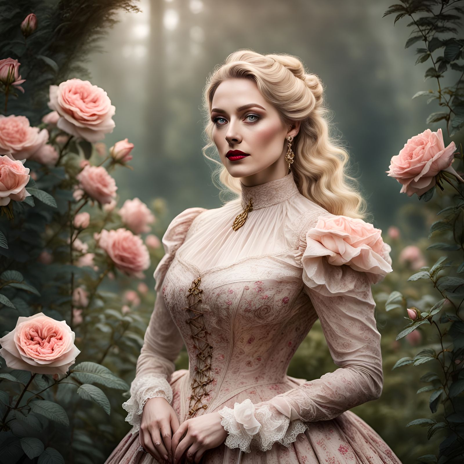 Victorian Woman in Rose Garden Portrait