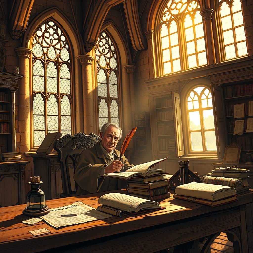 Scholar Working in Sunlit Castle Room