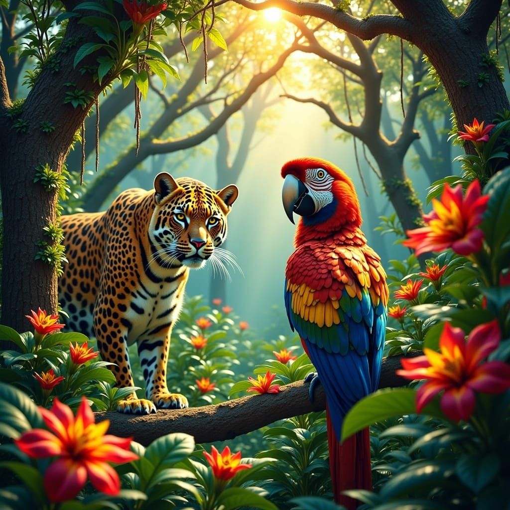 Lush Rainforest Paradise with Jaguar and Parrot