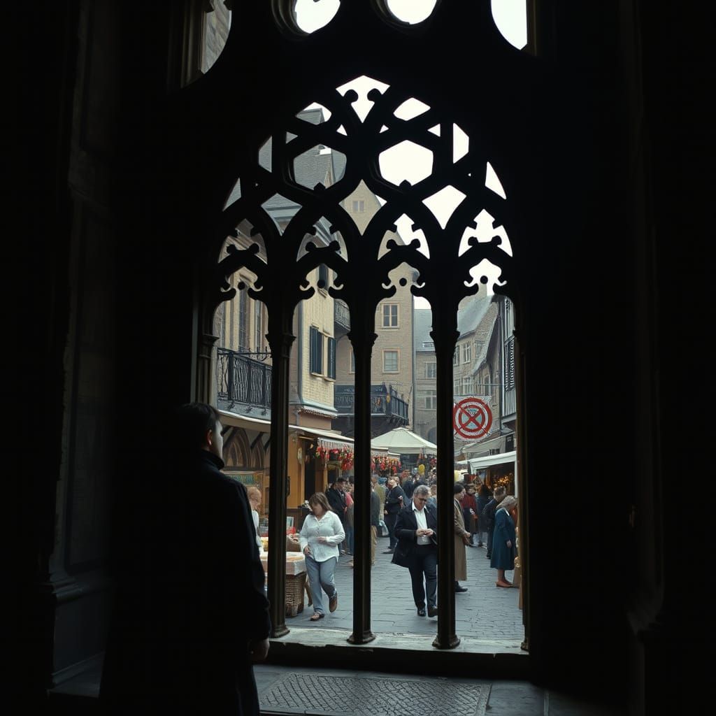Medieval Marketplace Scene from a Gothic Window