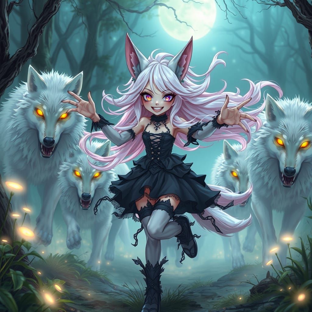 Anime Shapeshifter in Eerie Moonlit Forest