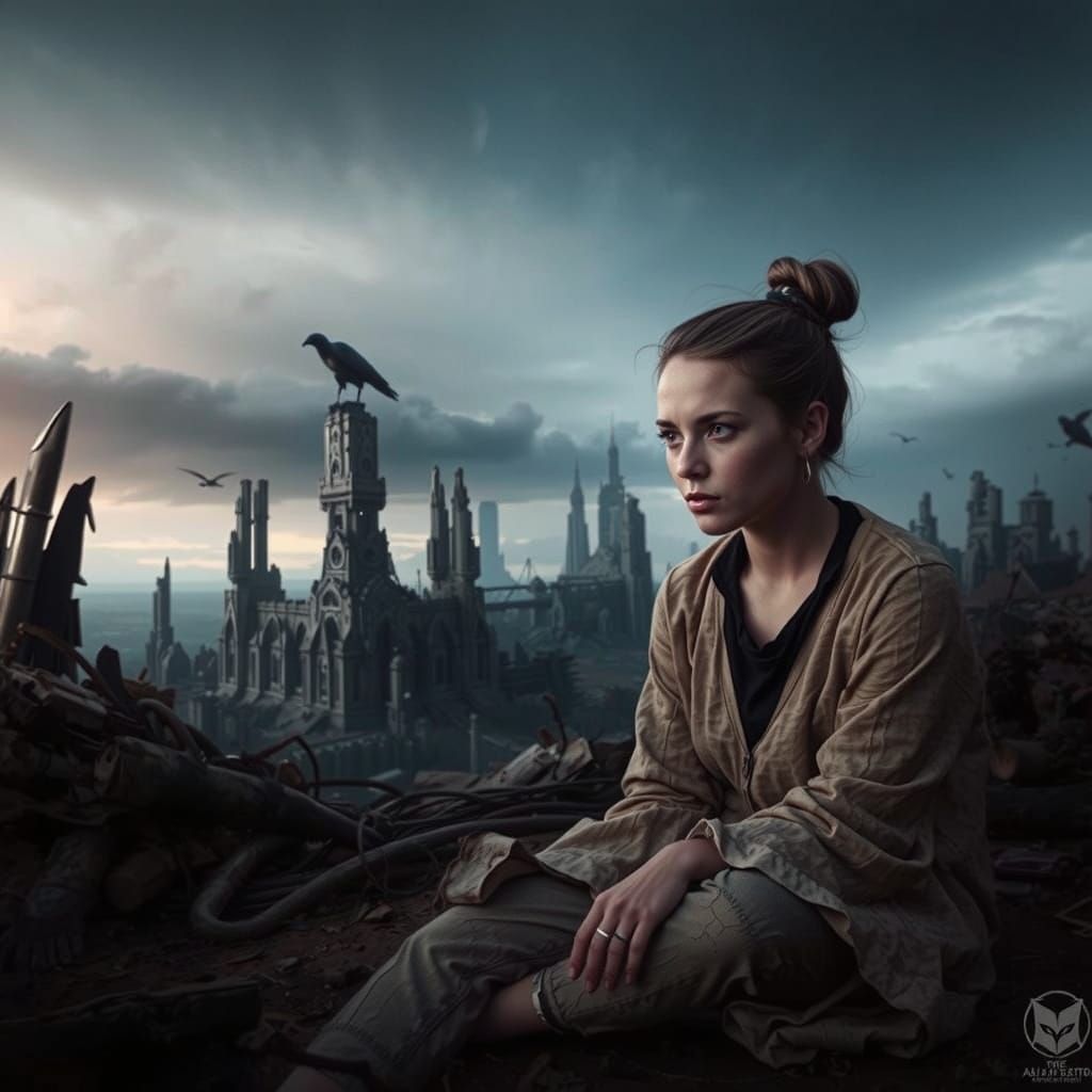 A close-up full-face portrait of a woman alone in an apocaly...