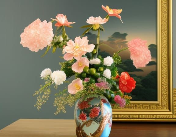 Japanese Art Still Life with Flower Vase and Fuji