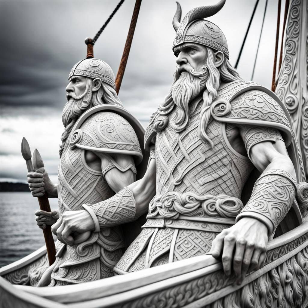 Hyperrealistic Viking Warrior Sculpture on Longship