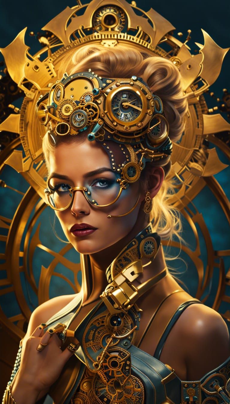 Steampunk Cyborg Woman in Gilt Leather Suit