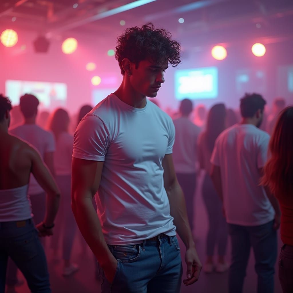 Hyperrealistic Man in Techno Club with Neon Lights