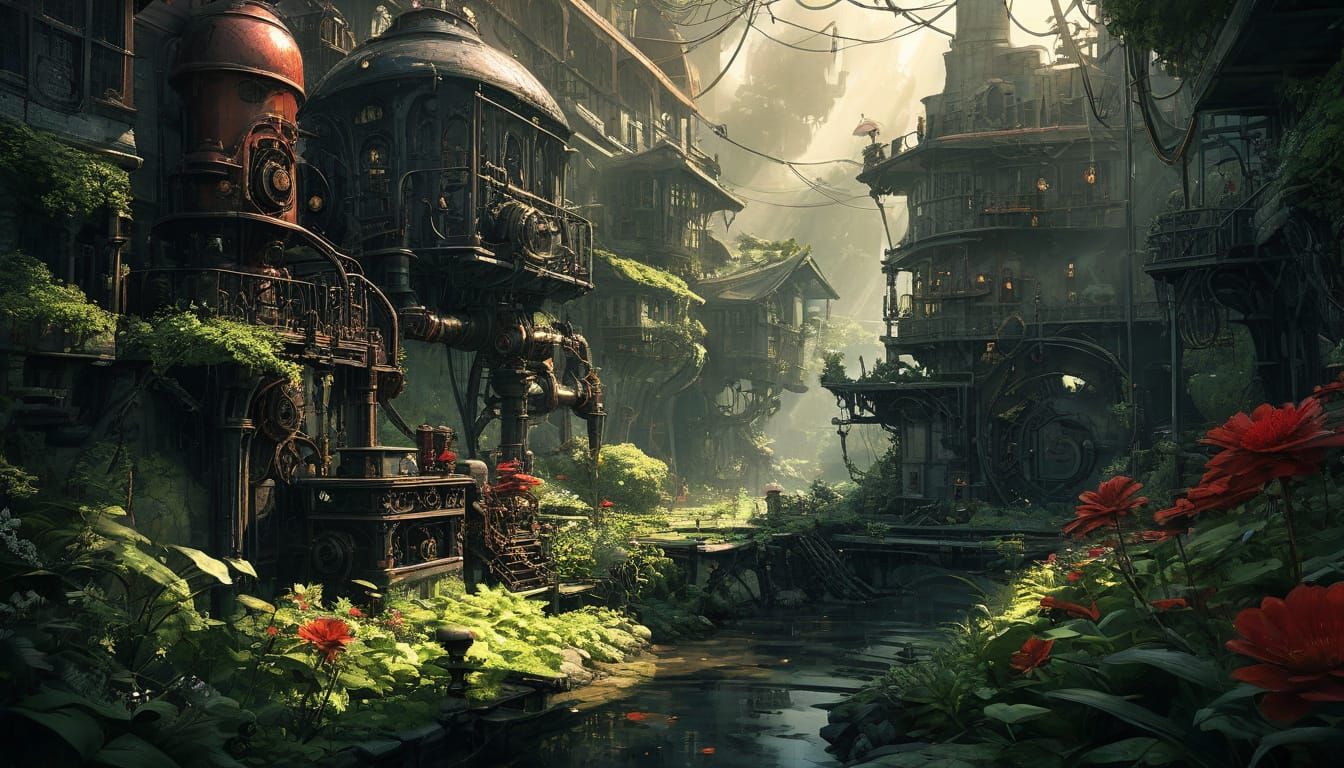 Steampunk Fantasy Garden Blooms with Intricate Machinery
