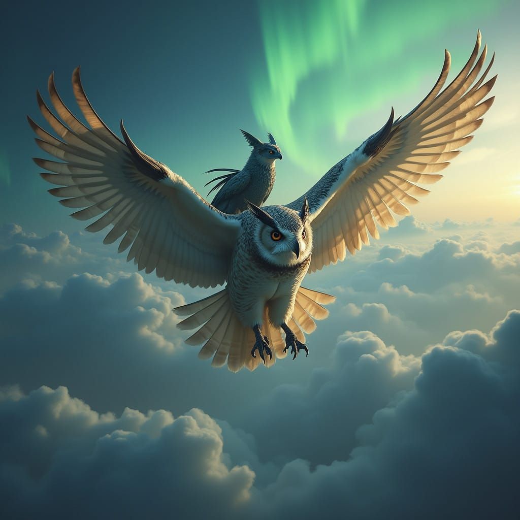 Regal Owl Soars with Majestic Griffin Companion