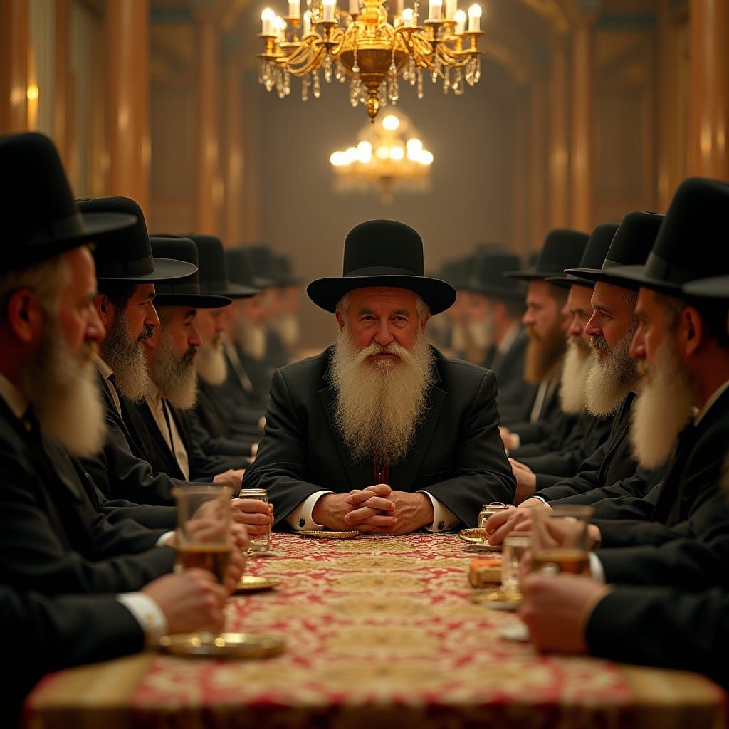 Rabbi Yisrael Hager with Hasidim, in Chagall Style