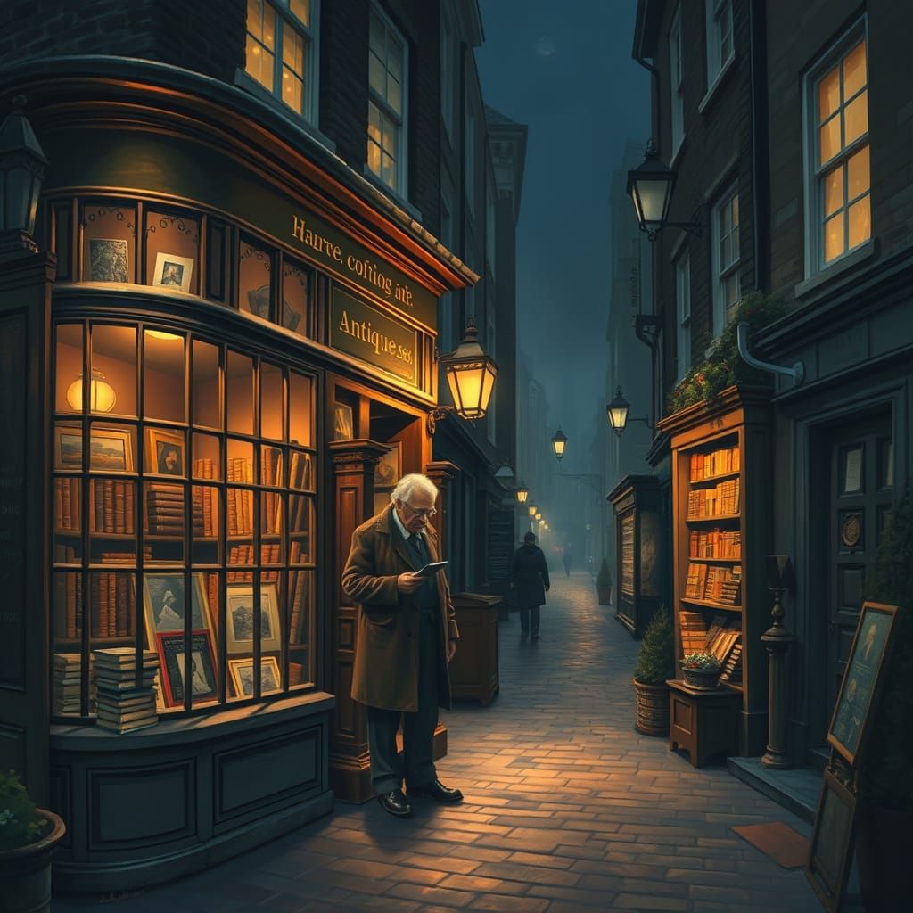 Victorian London Antique Shop at Night