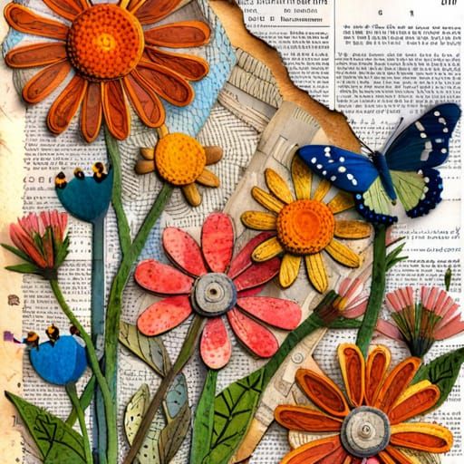 Wildflower Collage in Mixed-Media Illustration Style