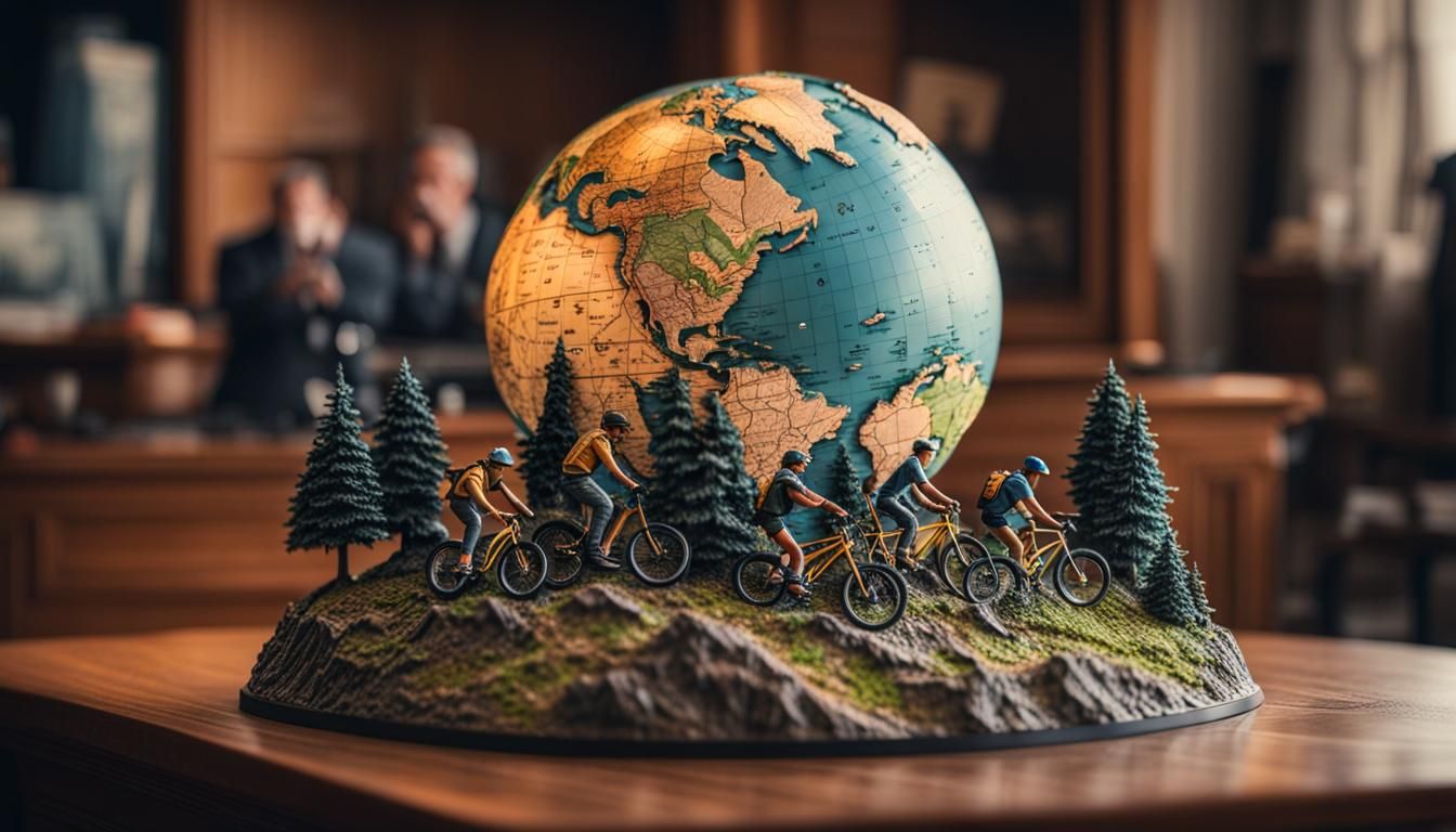 Globe with Miniature Mountain Bikers: 8K Resolution