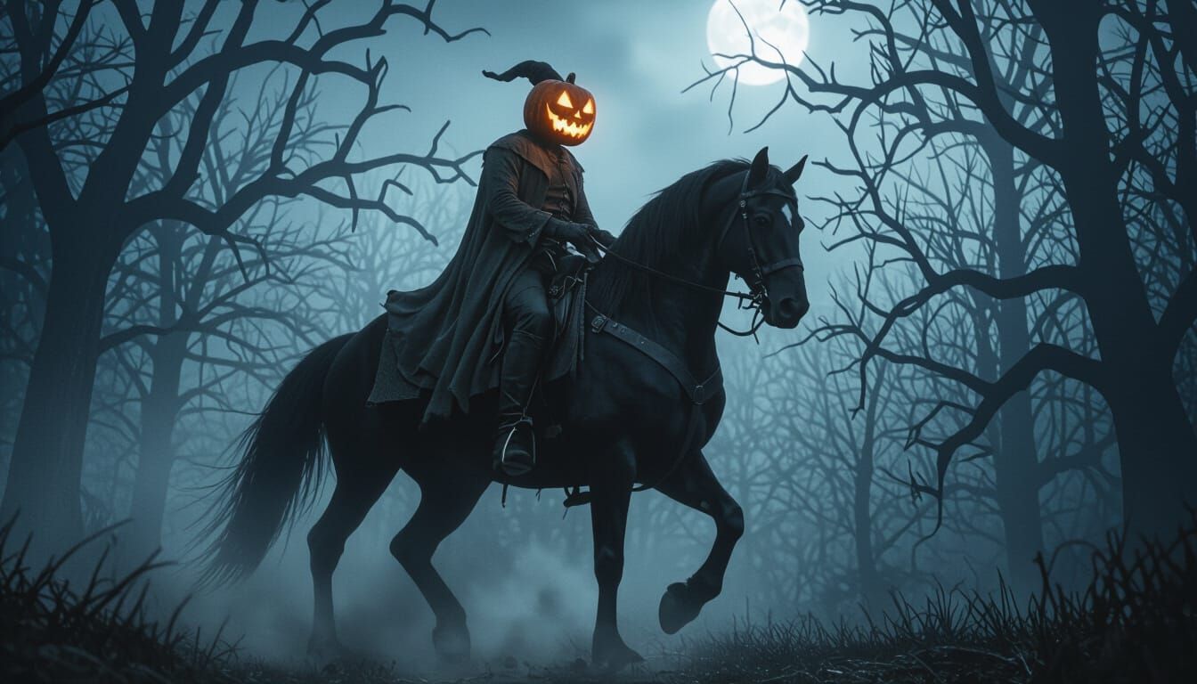 Headless Horseman Rears in Foggy Victorian Forest