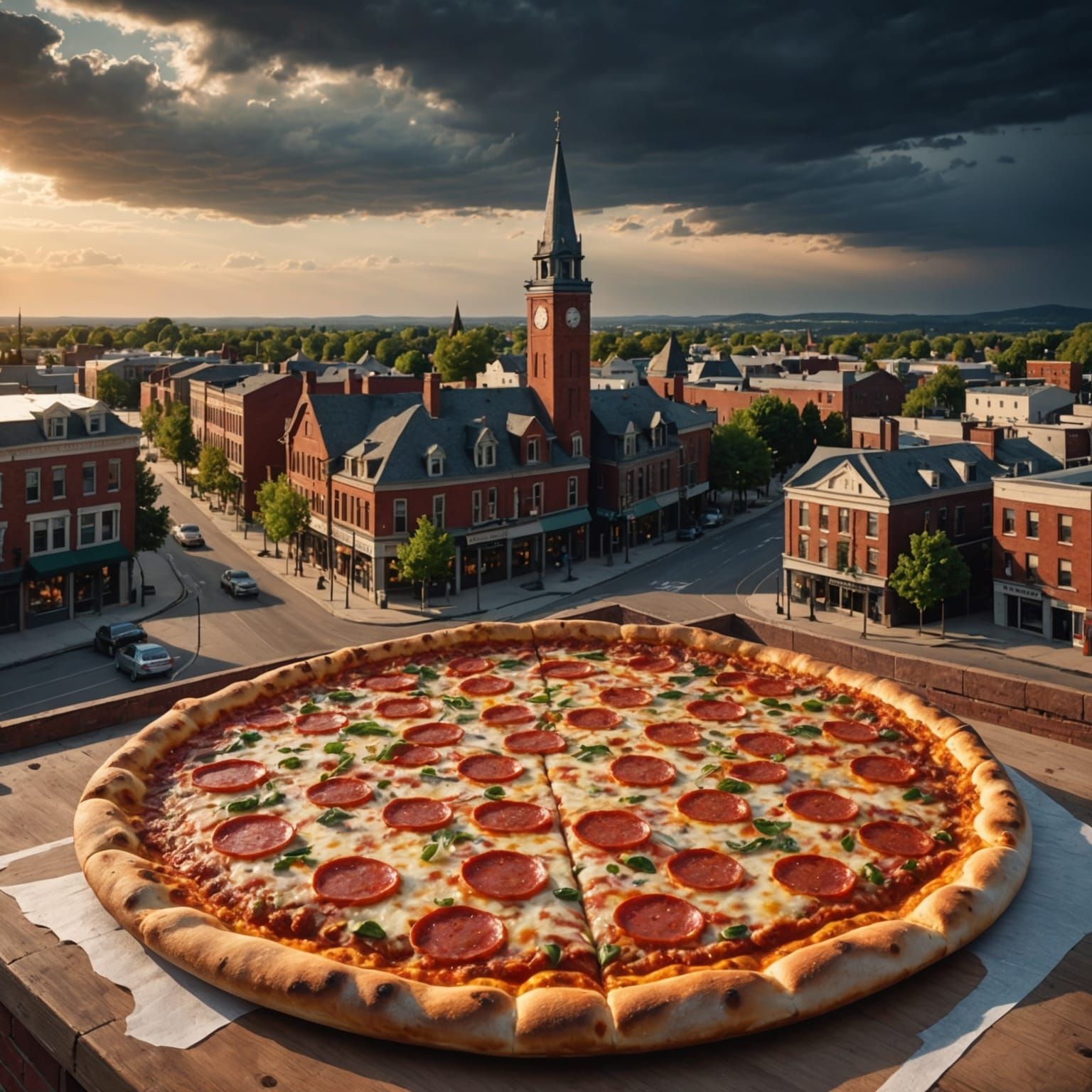 Giant Pizza Overruns Small Town: Hyperrealistic Image