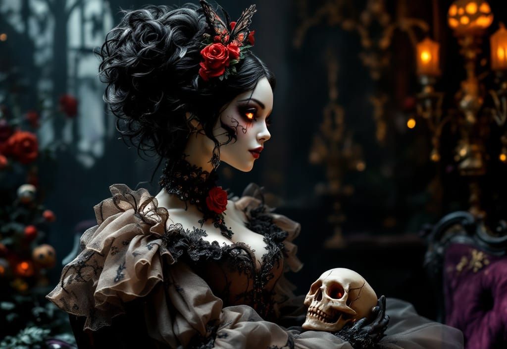 Halloween Doll in Victorian Gown with Voodoo Pendant