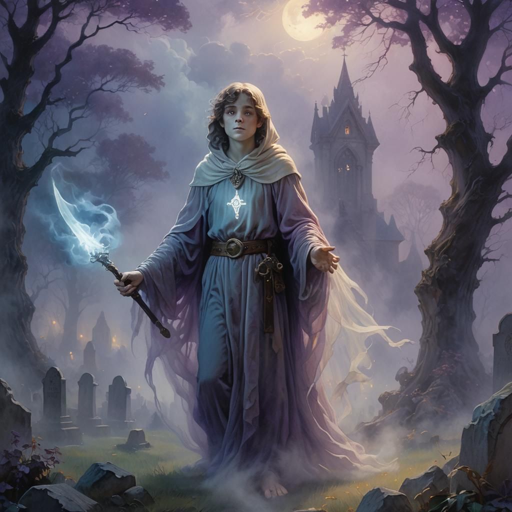 Halfling Ghost Warrior in Misty Graveyard