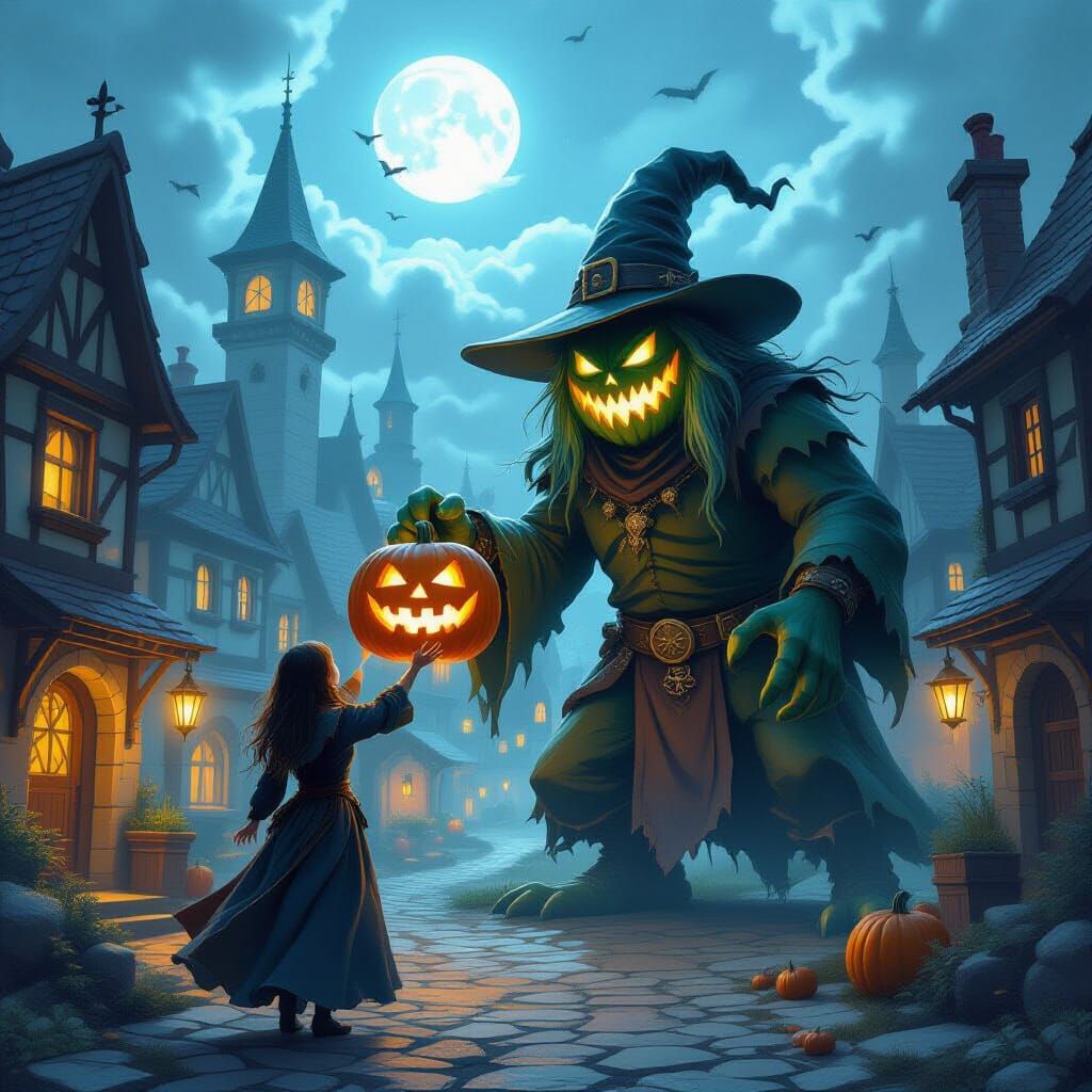 Witch Summoning a Pumpkin Monster in Town