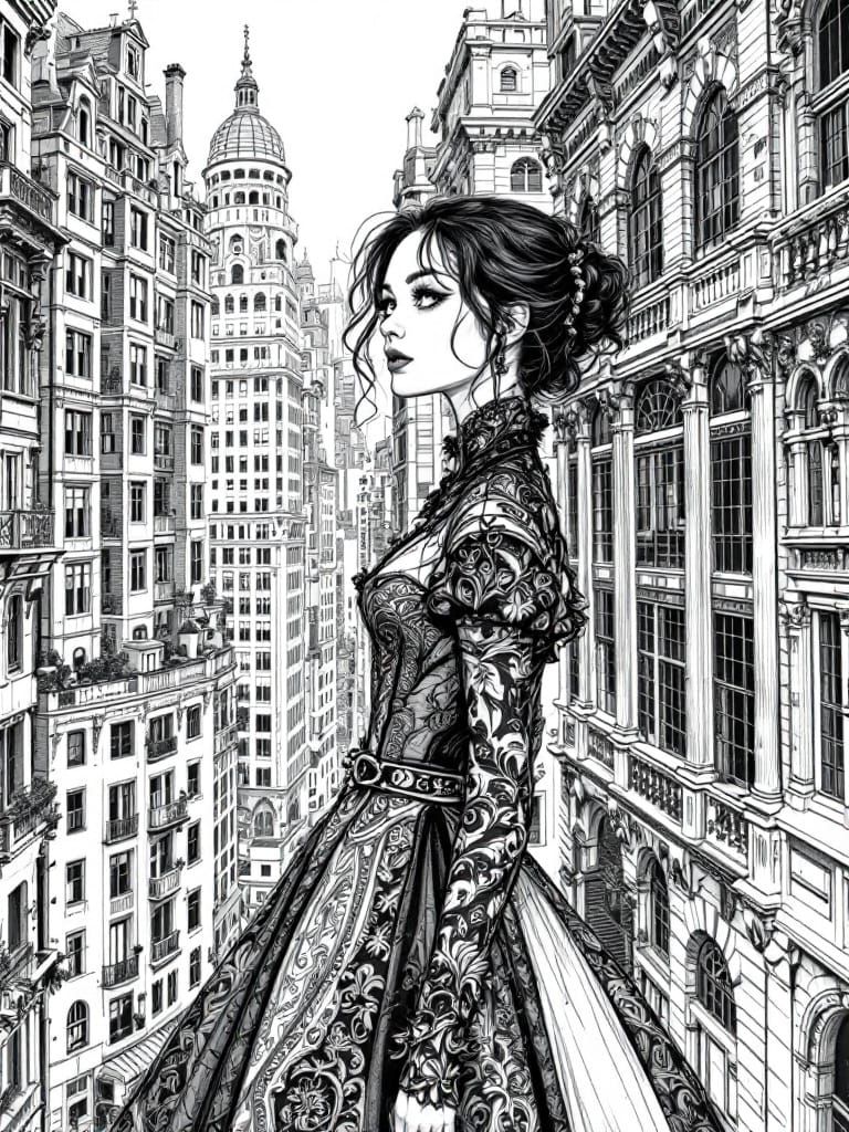 Victorian Woman Gazes Over Detailed Gothic Cityscape
