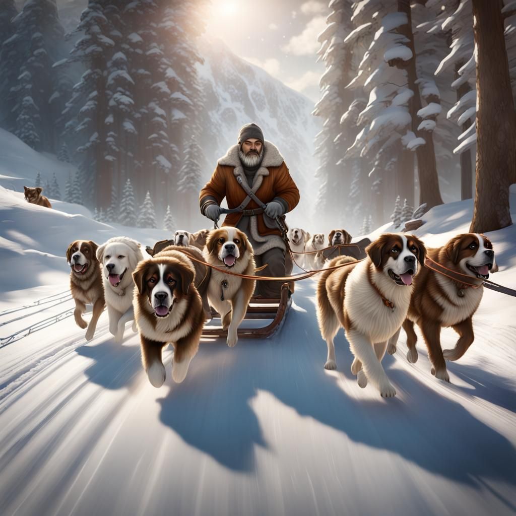 St. Bernard Leads a Dog Sled Team