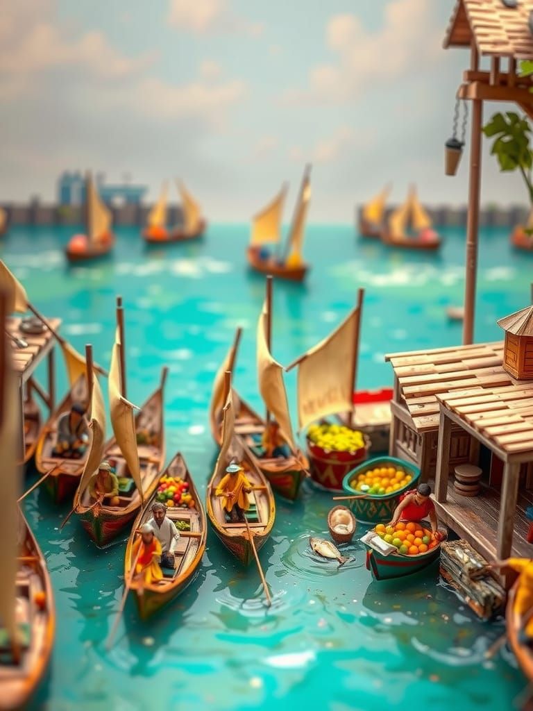 Miniature Sadarghat River Scene with Tiny Boats and Vendors