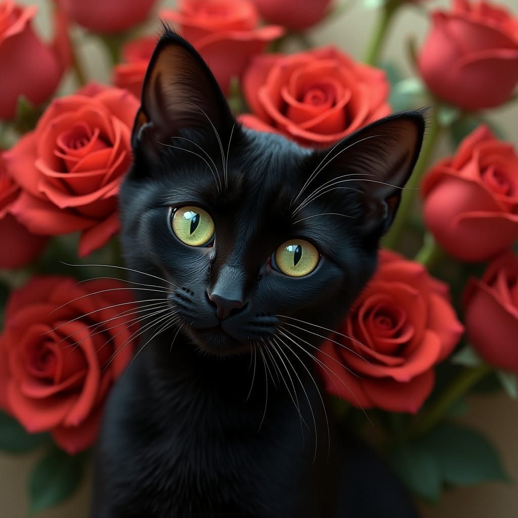 Whimsical Black Cat Amidst Vibrant Red Roses