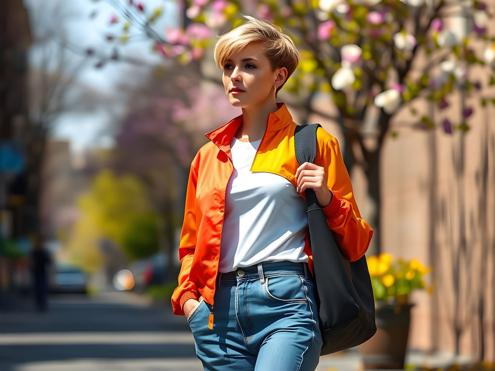 Sunny Spring Street Scene with Beautiful Woman