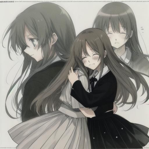 Sad Anime Girls Hugging in Manga Style