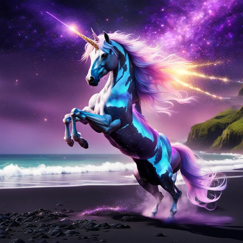 Glitter Unicorn on Black Sand Beach in Digital Art