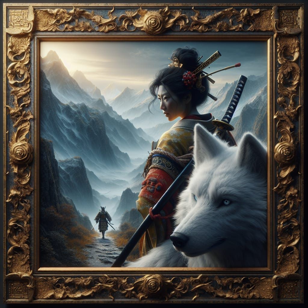 Samurai Girl and White Wolf on Mountain Path