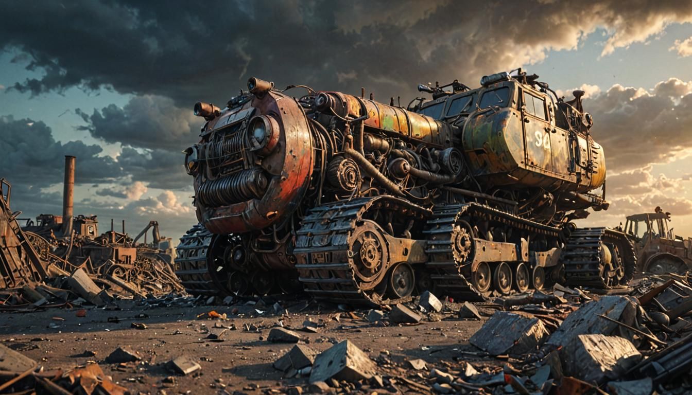 Dieselpunk Caterpillar War Machine in Wasteland Sunset