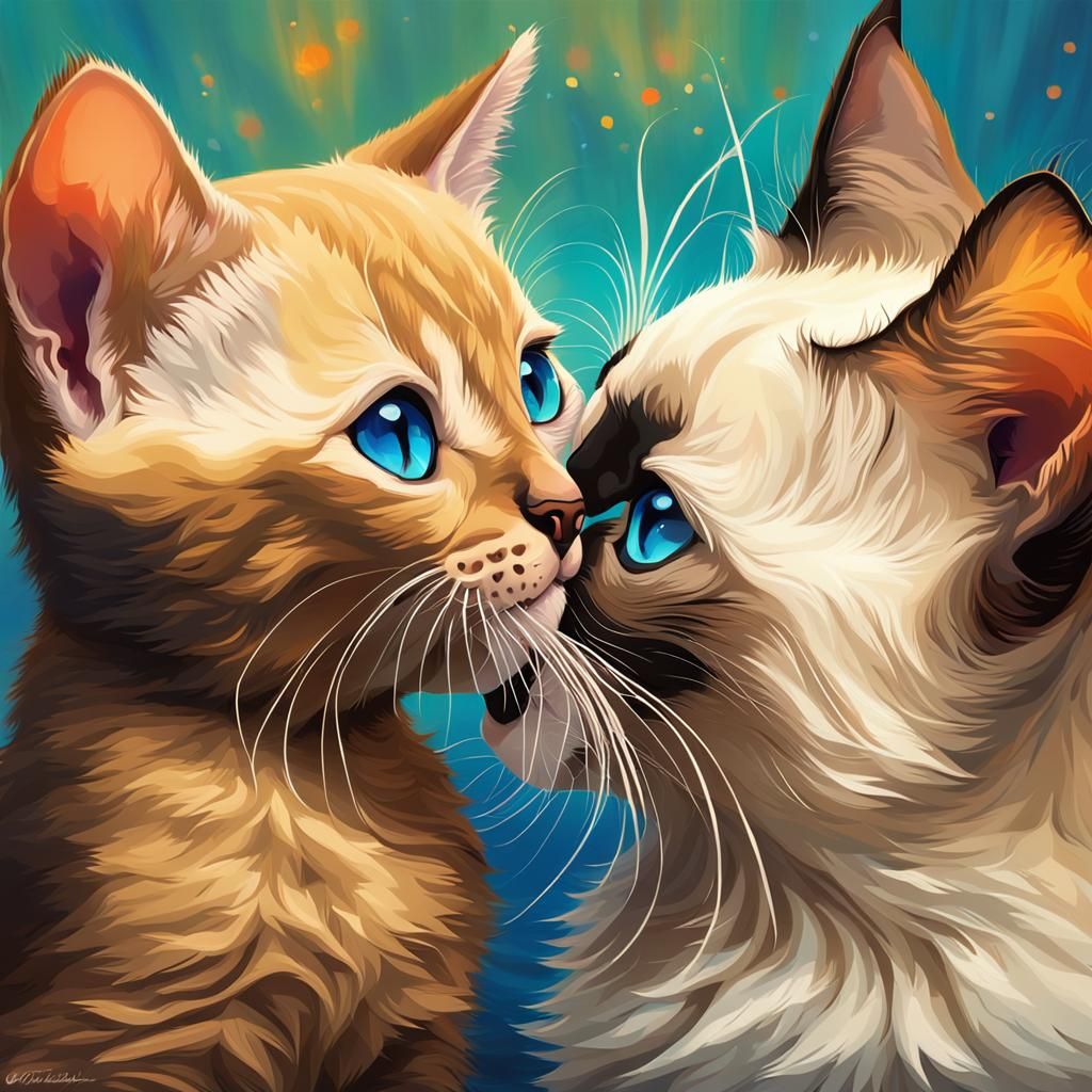 Burmese and Siamese Kittens Share a Kiss