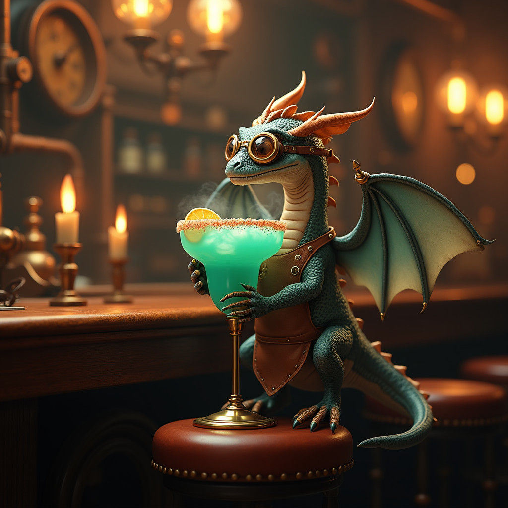 Dragon Drinks Margarita in Steampunk Bar